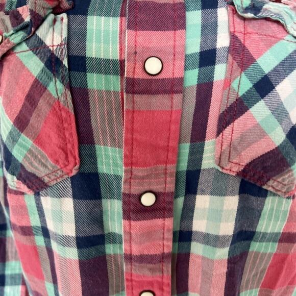 Hollister Plaid Western Shirt Long Sleeve Button Up Pink Green Casual - Picture 2 of 6